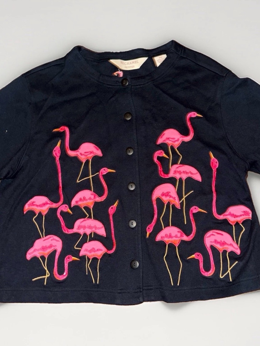 Vintage 90’s/Y2k Bechamel Black Cropped Cardigan with Pink Flamingo Embroidery